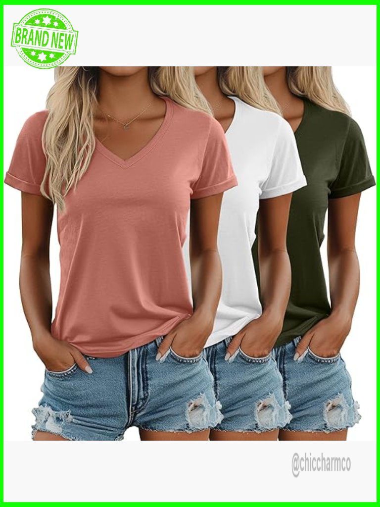3 Pack V Neck Short Sleeve T Shirts Loose Fit Rolled Cuff Tees